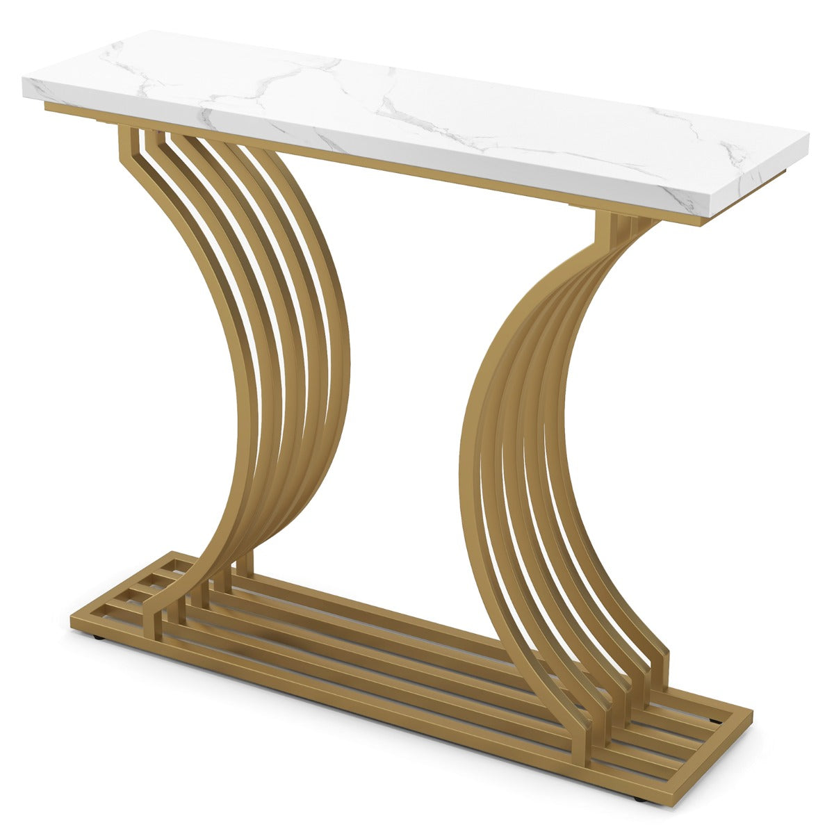 LIVSK Consoletafel - Wit Kunstmarmeren Blad - Gouden Metalen Poten - Waterdicht - 100 x 29,5 x 80,5 cm - Wit + Goud