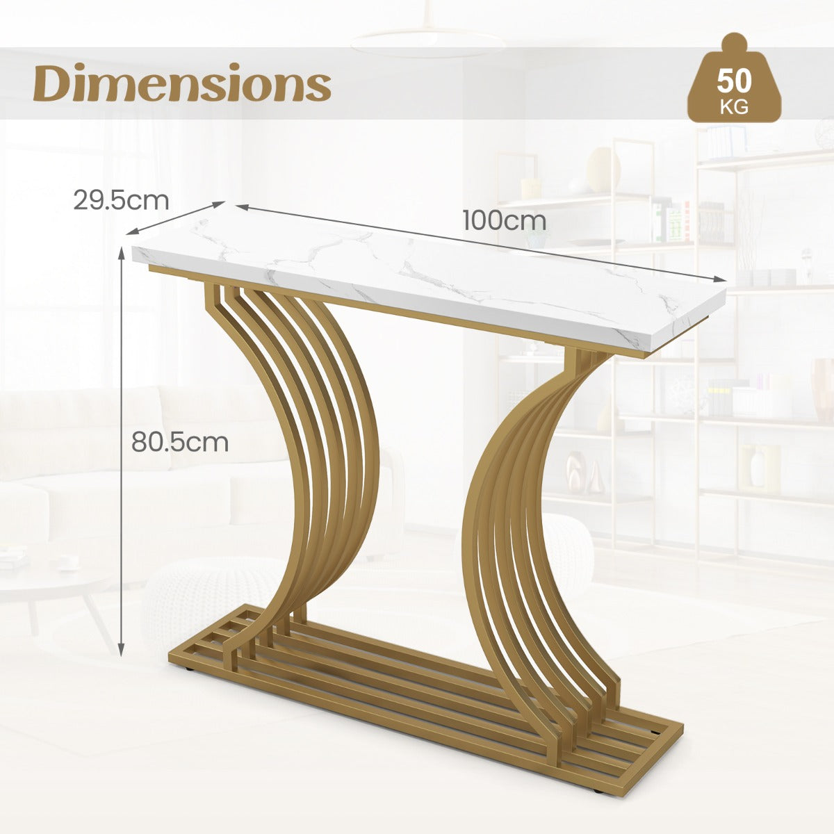 LIVSK Consoletafel - Wit Kunstmarmeren Blad - Gouden Metalen Poten - Waterdicht - 100 x 29,5 x 80,5 cm - Wit + Goud