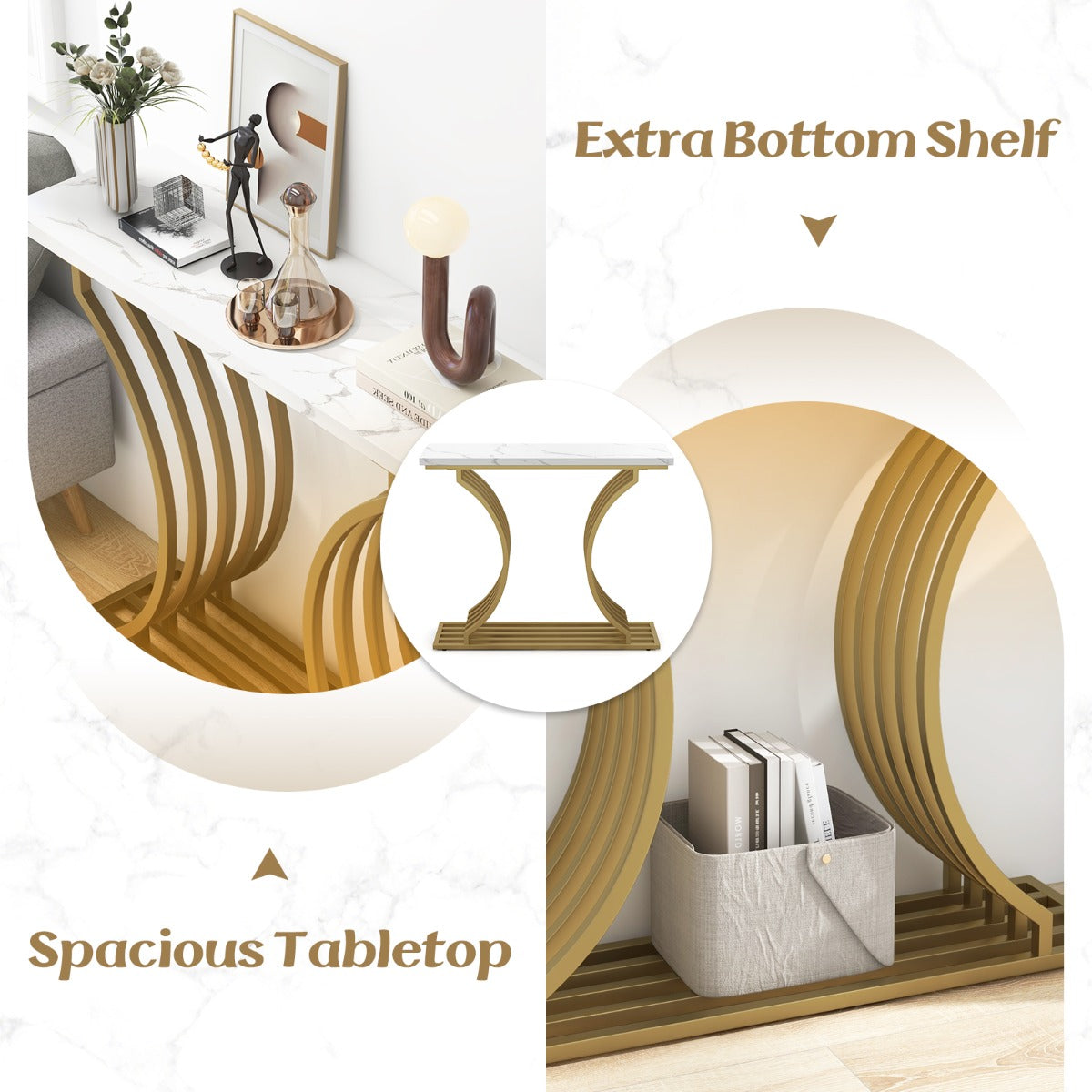 LIVSK Consoletafel - Wit Kunstmarmeren Blad - Gouden Metalen Poten - Waterdicht - 100 x 29,5 x 80,5 cm - Wit + Goud