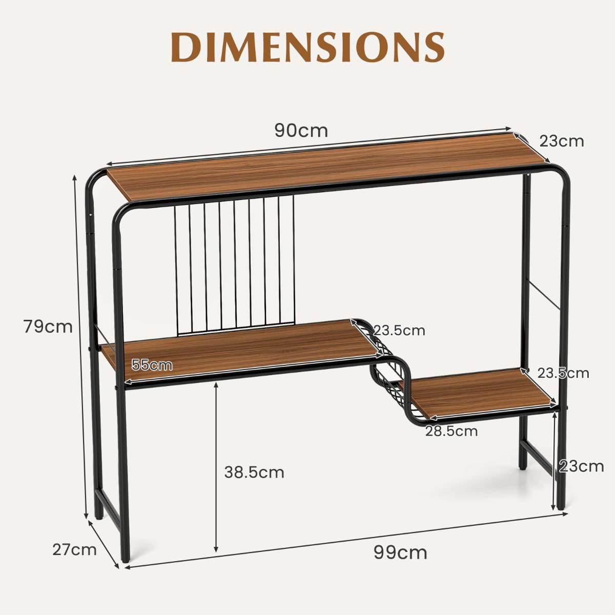 LIVSK Rustieke Consoletafel - Ruim Tafelblad met 2 Planken - Stabiel Metaal - Draagvermogen 20 kg - 99 x 27 x 79 cm - Walnoot &
