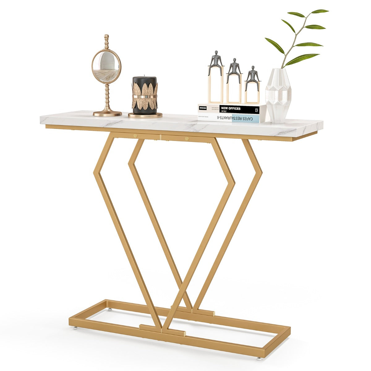LIVSK Luxe Consoletafel - Imitatiemarmer met Geometrisch Gouden Frame - Waterbestendig - Eenvoudige Montage - 100 x 29,5 x 80 cm