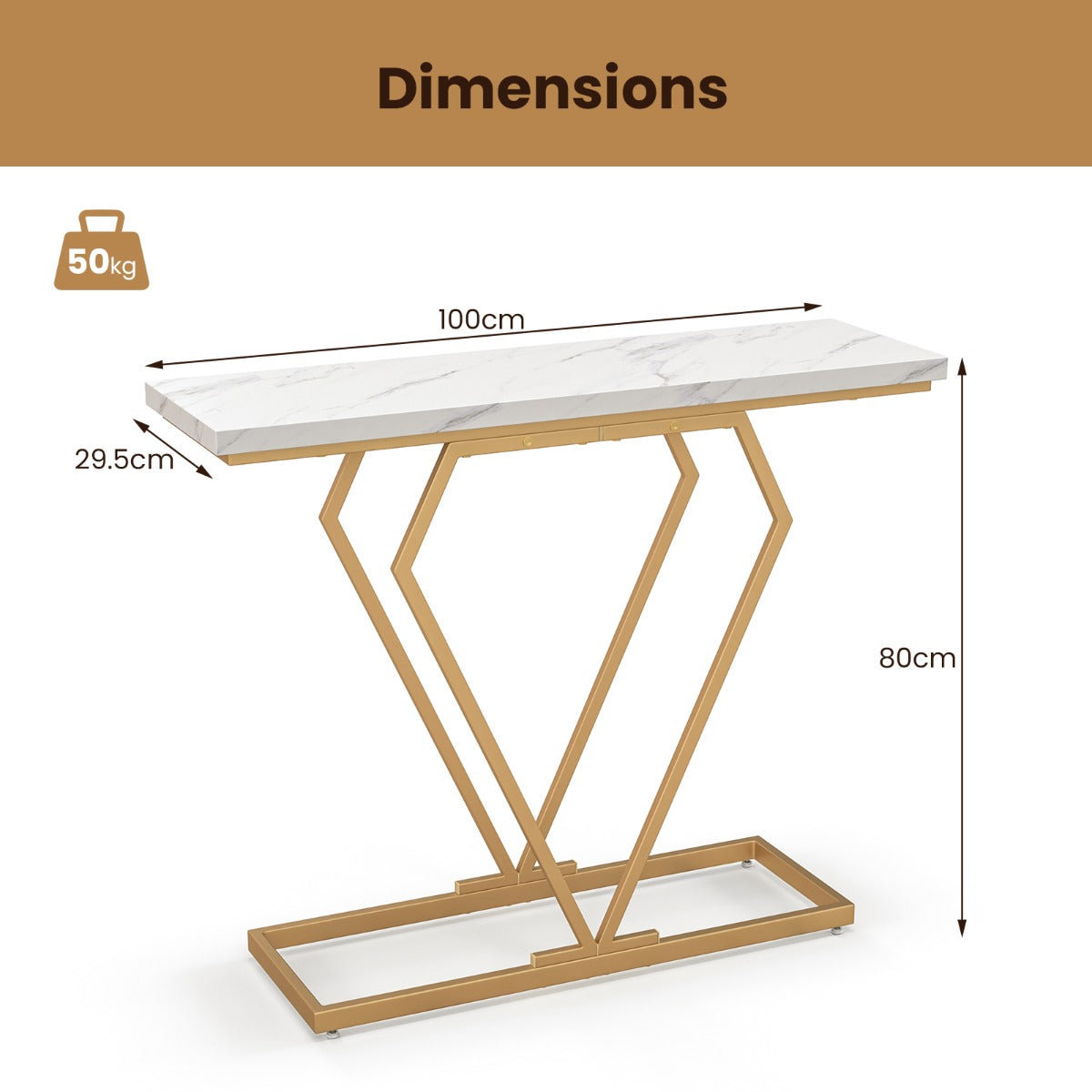 LIVSK Luxe Consoletafel - Imitatiemarmer met Geometrisch Gouden Frame - Waterbestendig - Eenvoudige Montage - 100 x 29,5 x 80 cm