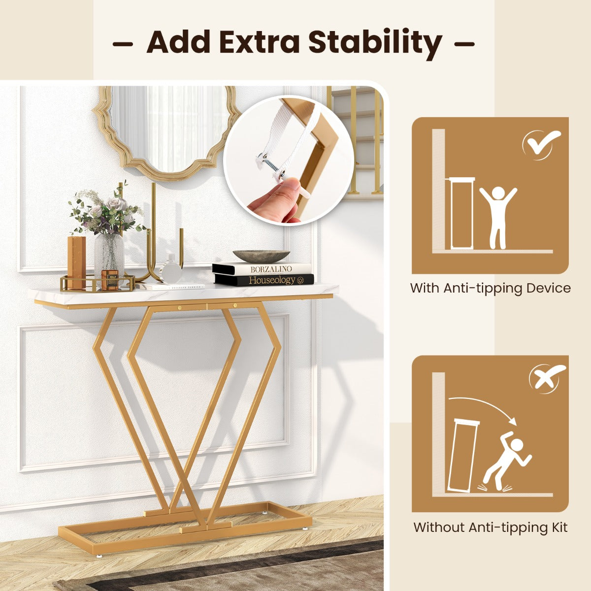 LIVSK Luxe Consoletafel - Imitatiemarmer met Geometrisch Gouden Frame - Waterbestendig - Eenvoudige Montage - 100 x 29,5 x 80 cm