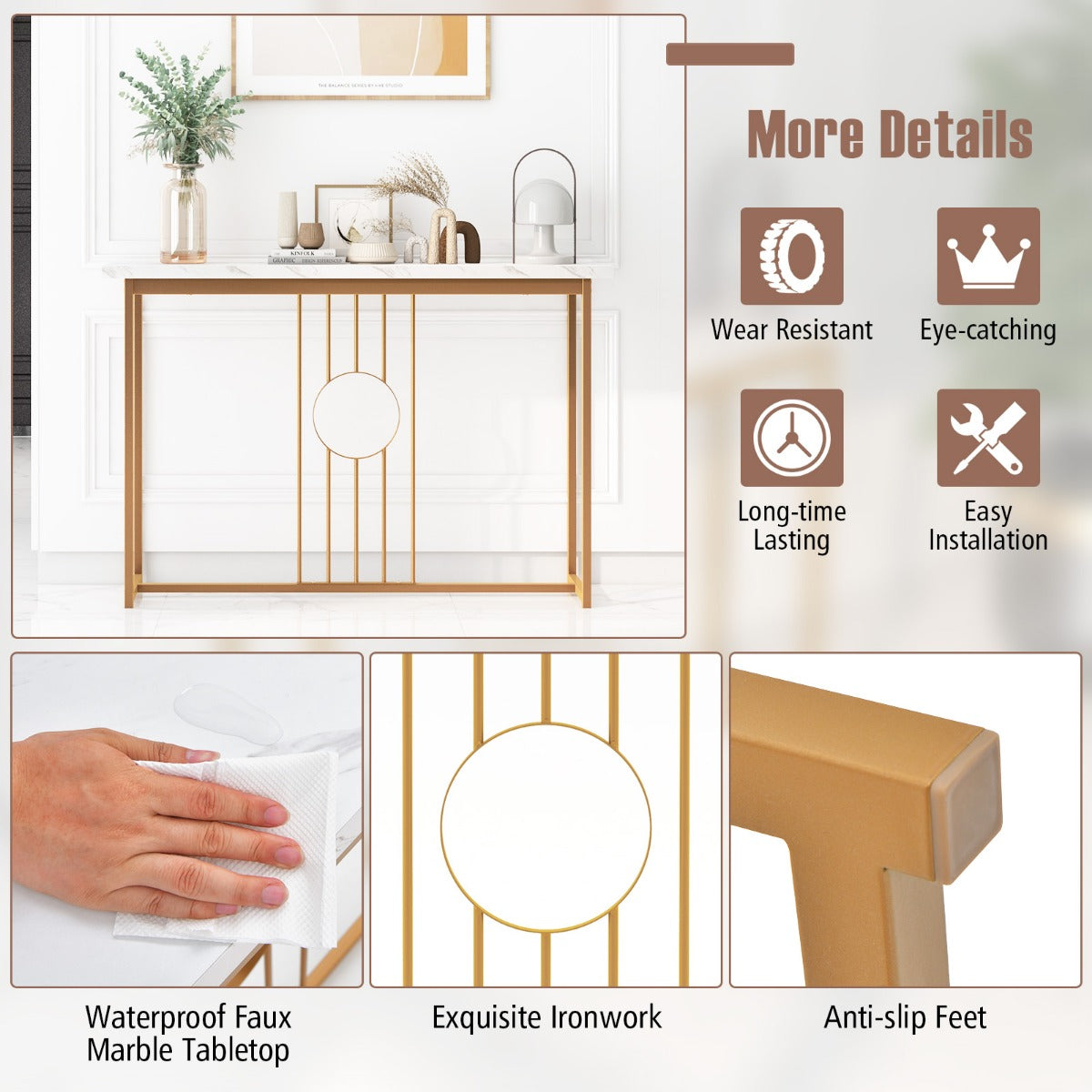 LIVSK Bijzettafel met Marmerlook - Gouden Metalen Poten - Extra Breed 120 cm - Stabiel en Duurzaam - Wit + Goud