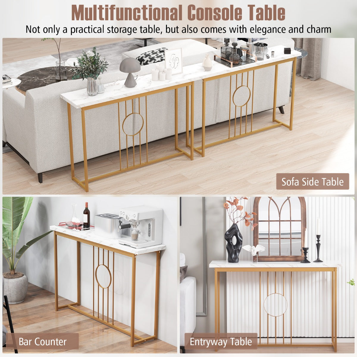 LIVSK Bijzettafel met Marmerlook - Gouden Metalen Poten - Extra Breed 120 cm - Stabiel en Duurzaam - Wit + Goud