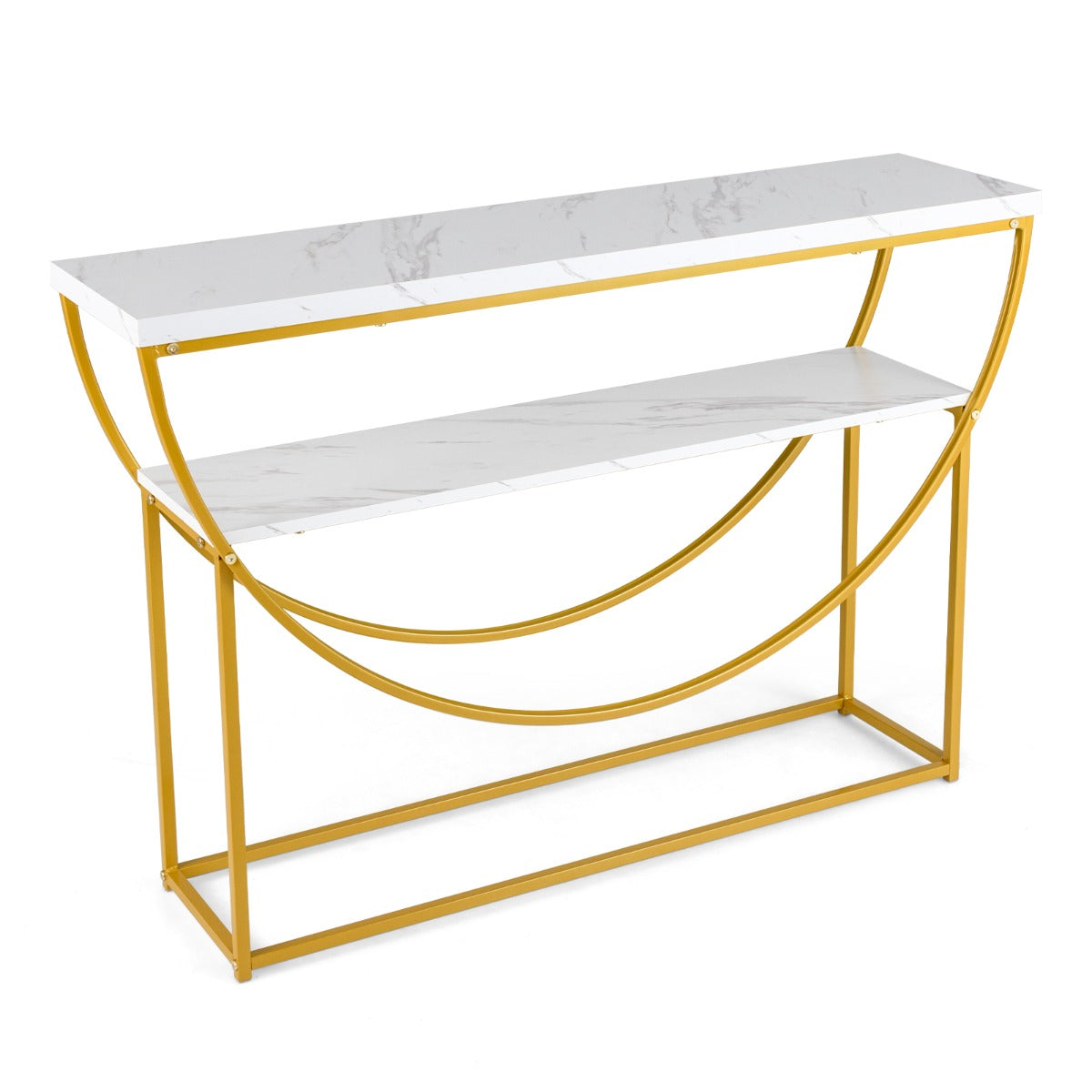 LIVSK Consoletafel - Elegant Goudkleurig Metaal met Marmer-Look Blad - Ruime Opbergplank - Veiligheidsvoorzieningen - Wit + Goud