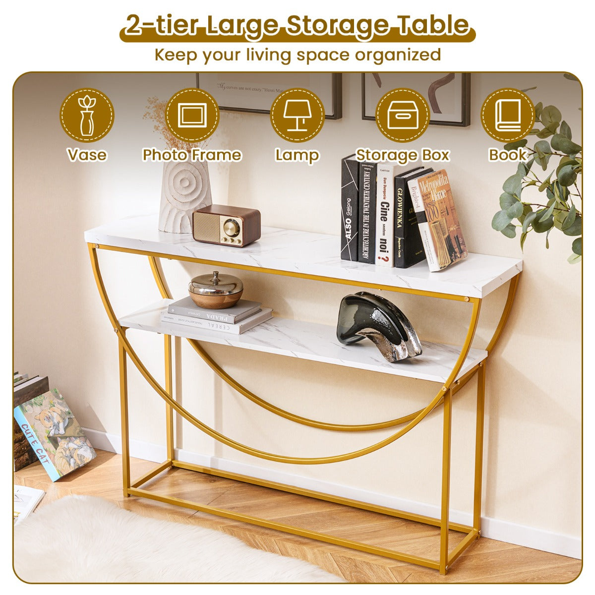 LIVSK Consoletafel - Elegant Goudkleurig Metaal met Marmer-Look Blad - Ruime Opbergplank - Veiligheidsvoorzieningen - Wit + Goud