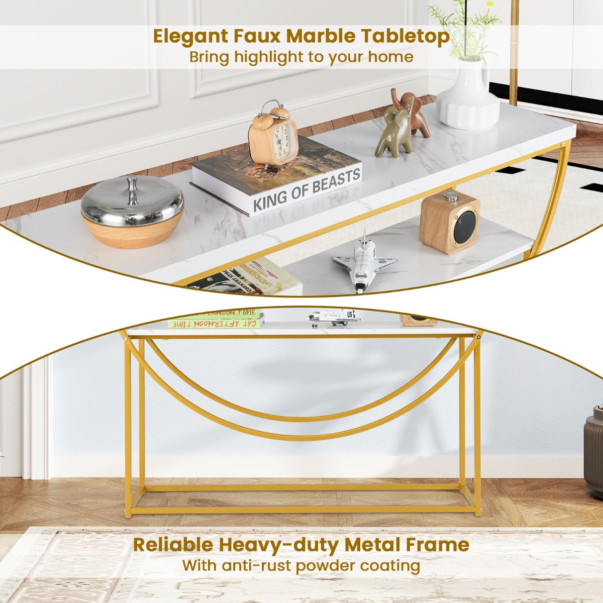 LIVSK Consoletafel - Elegant Goudkleurig Metaal met Marmer-Look Blad - Ruime Opbergplank - Veiligheidsvoorzieningen - Wit + Goud