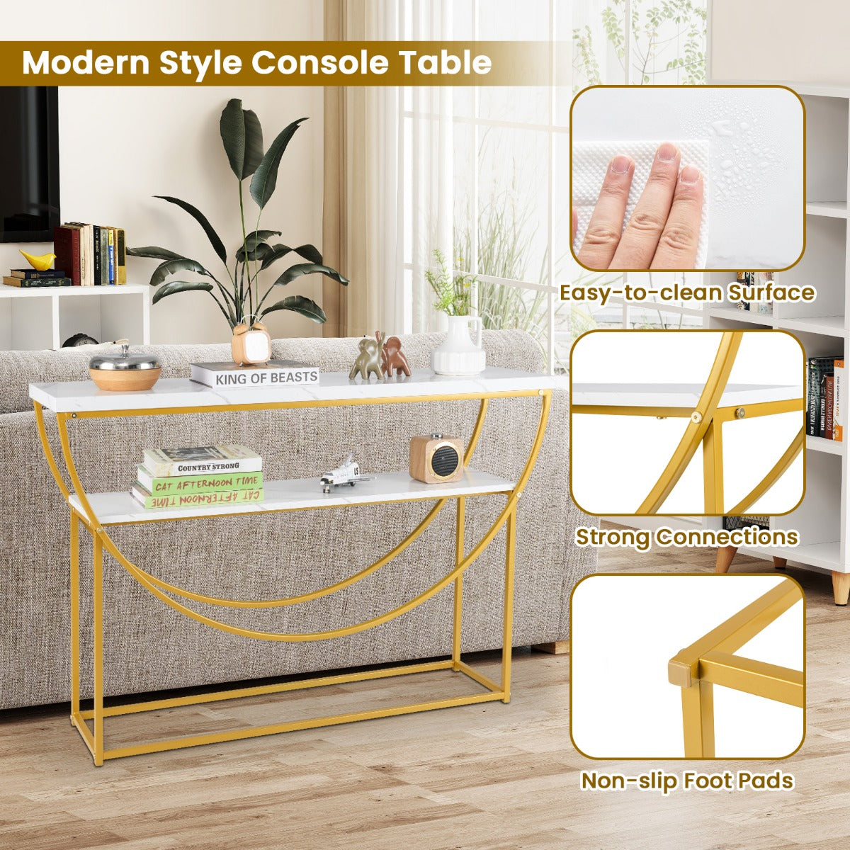 LIVSK Consoletafel - Elegant Goudkleurig Metaal met Marmer-Look Blad - Ruime Opbergplank - Veiligheidsvoorzieningen - Wit + Goud