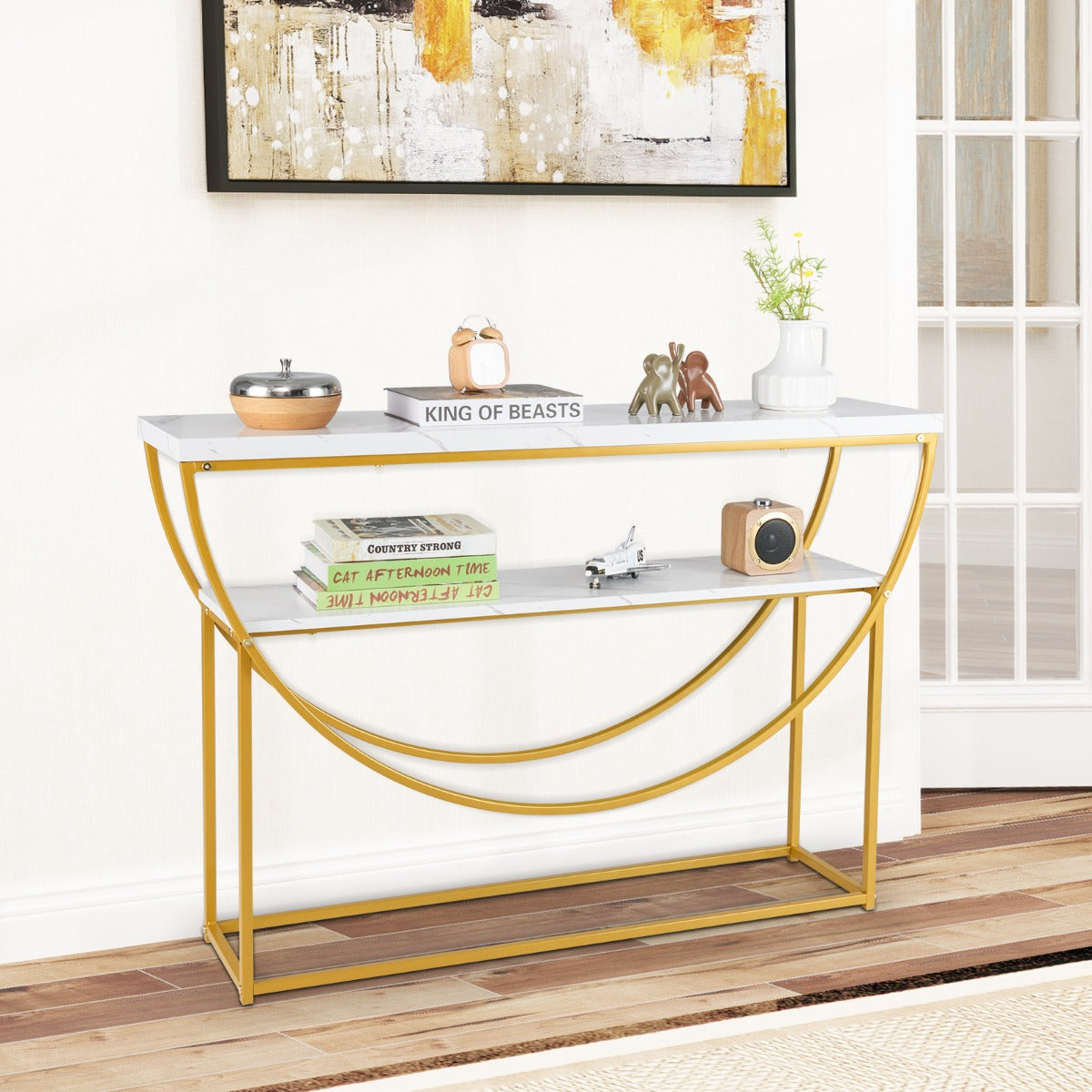 LIVSK Consoletafel - Elegant Goudkleurig Metaal met Marmer-Look Blad - Ruime Opbergplank - Veiligheidsvoorzieningen - Wit + Goud