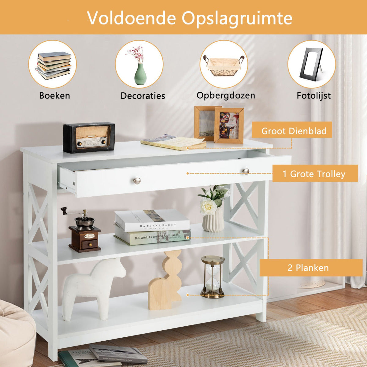LIVSK Consoletafel met 3 Lagen - Ruime Opbergruimte - Stevige MDF Constructie - Multifunctioneel - 100 x 30 x 80 cm - Wit