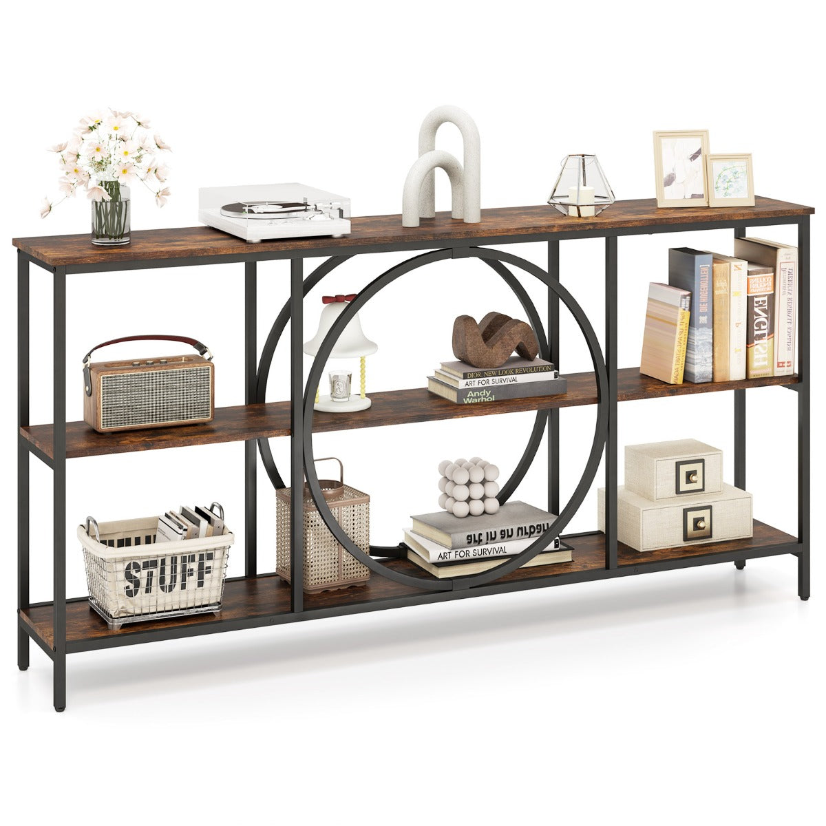 LIVSK Consoletafel - Slank Metalen Frame - 3 Laags - Kantelbeveiliging - Duurzaam en Elegant - 180 x 30 x 90 cm - Wit + Goud