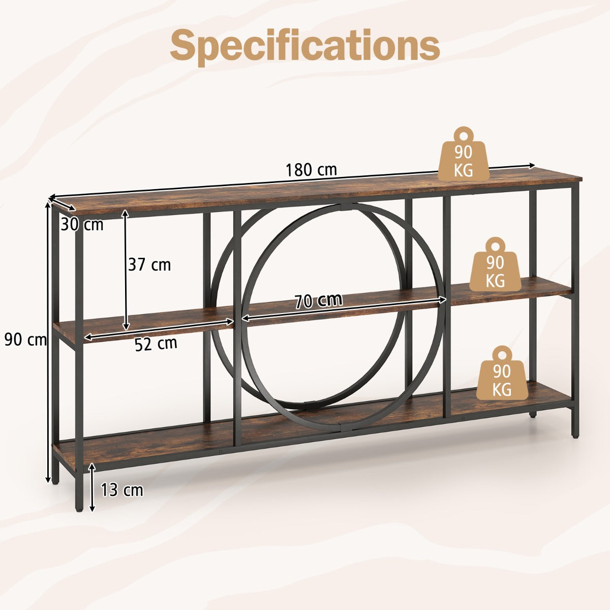 LIVSK Consoletafel - Slank Metalen Frame - 3 Laags - Kantelbeveiliging - Duurzaam en Elegant - 180 x 30 x 90 cm - Wit + Goud