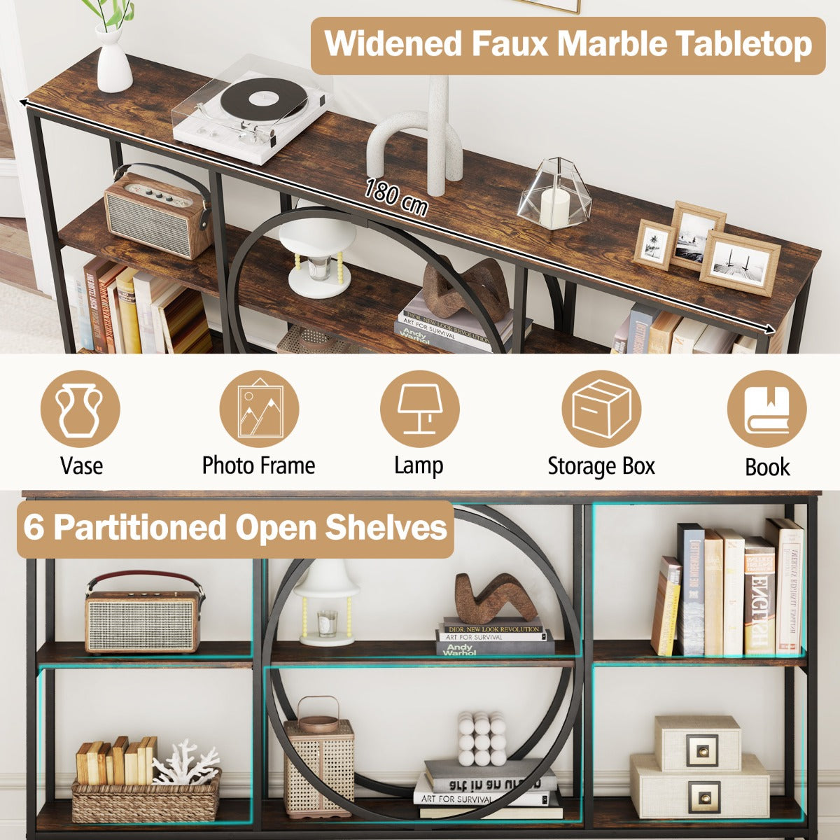 LIVSK Consoletafel - Slank Metalen Frame - 3 Laags - Kantelbeveiliging - Duurzaam en Elegant - 180 x 30 x 90 cm - Wit + Goud
