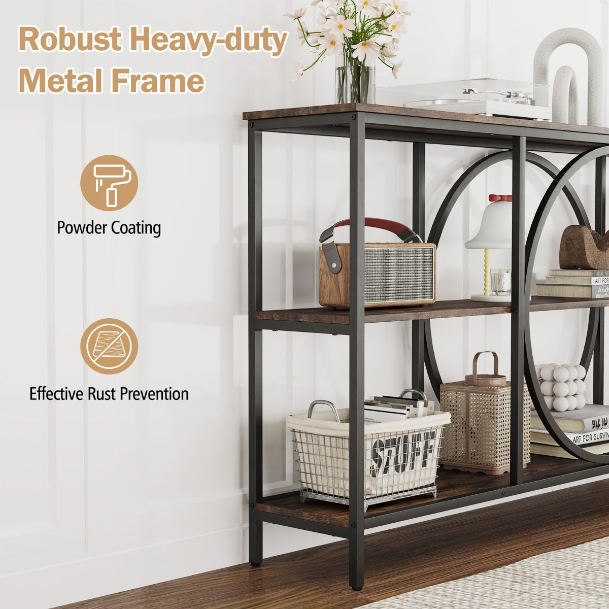 LIVSK Consoletafel - Slank Metalen Frame - 3 Laags - Kantelbeveiliging - Duurzaam en Elegant - 180 x 30 x 90 cm - Wit + Goud