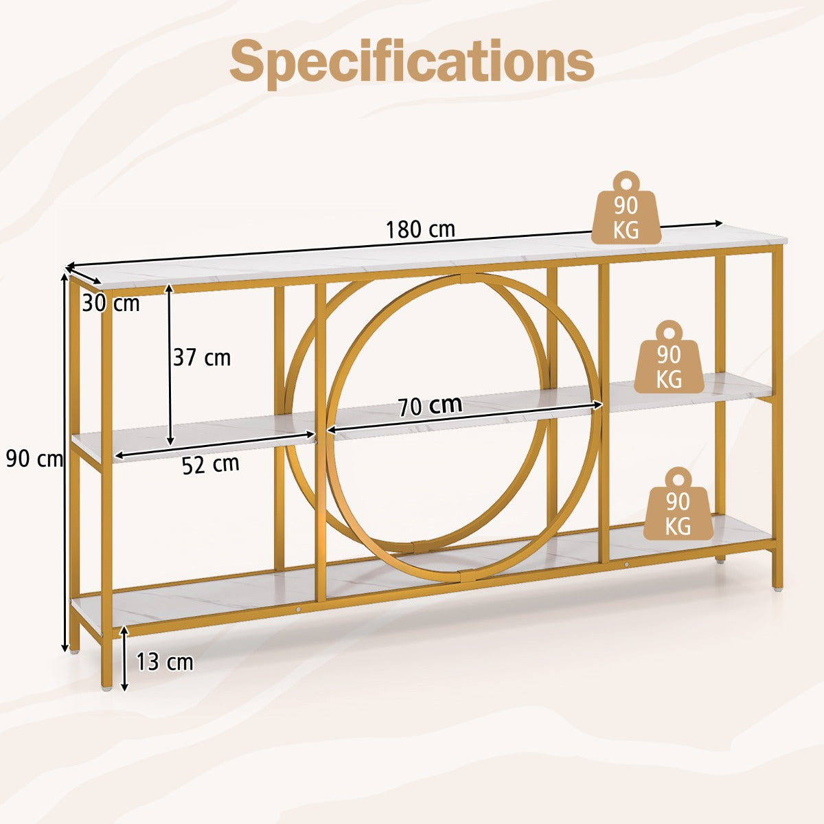 LIVSK Consoletafel met 3 Lagen - Stevig Metalen Frame - Poedercoating - Veiligheidsbeveiligingen - 180 x 30 x 90 cm - Wit + Goud