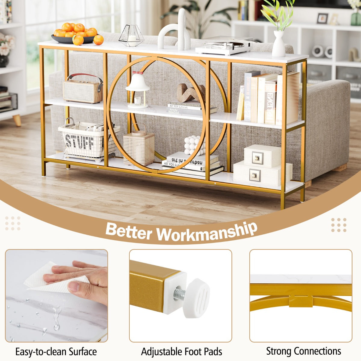 LIVSK Consoletafel met 3 Lagen - Stevig Metalen Frame - Poedercoating - Veiligheidsbeveiligingen - 180 x 30 x 90 cm - Wit + Goud