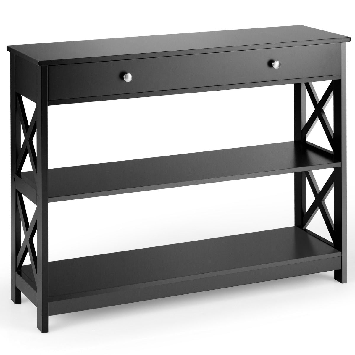 Livsk costway consoletafel met 3 niveaus lade en 2 planken van hout bijzettafel met x vormige poten voor entree 100 x 30 x 80 cm zwart 1 1