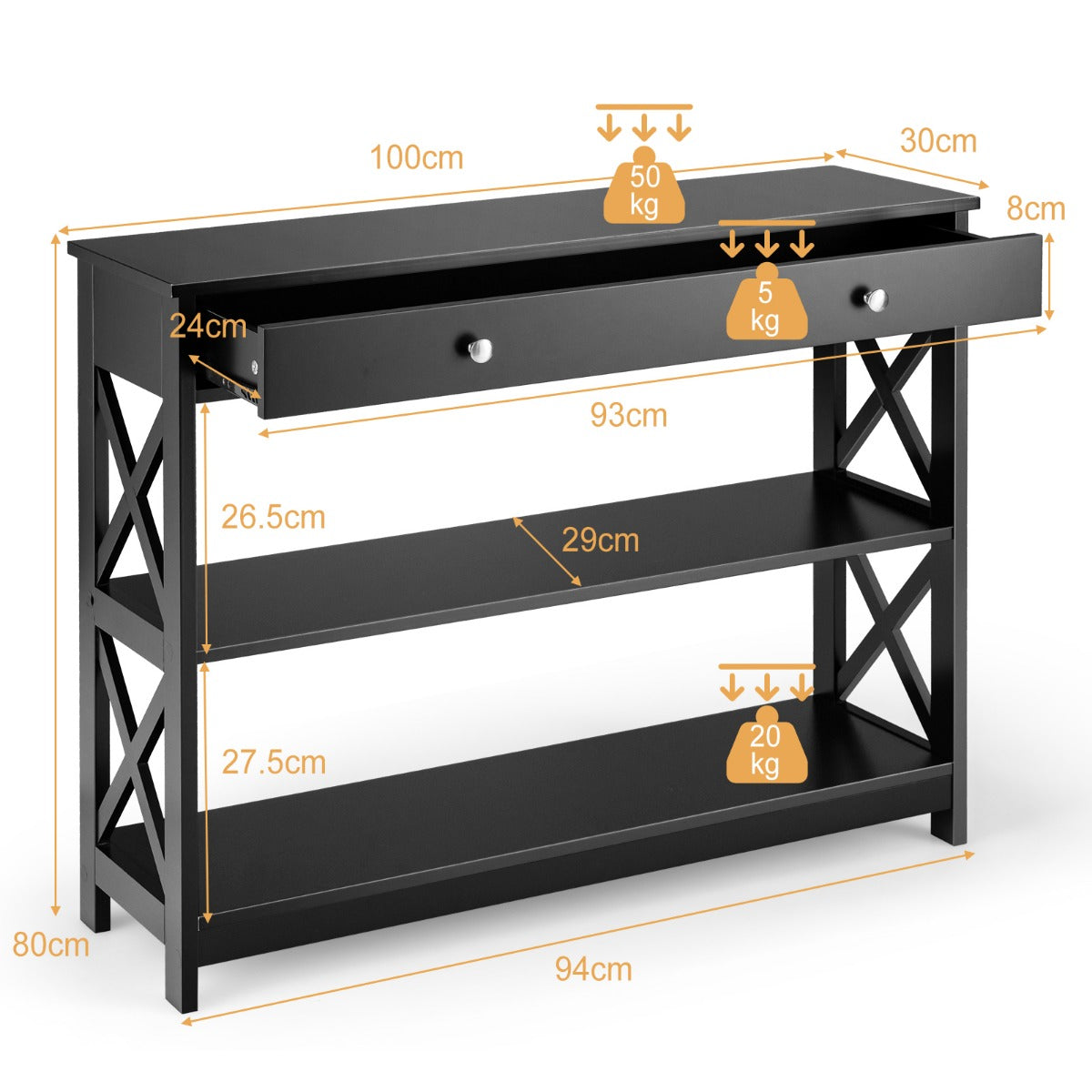 Livsk costway consoletafel met 3 niveaus lade en 2 planken van hout bijzettafel met x vormige poten voor entree 100 x 30 x 80 cm zwart 2