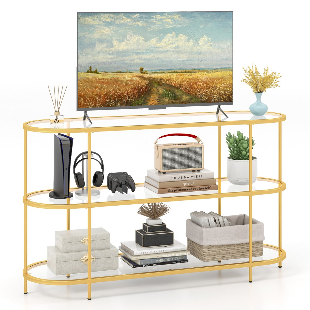LIVSK Mediaconsoletafel - Geschikt voor TV's tot 65 inch - 3 Opbergplanken - Sterk Metalen Frame - Goud