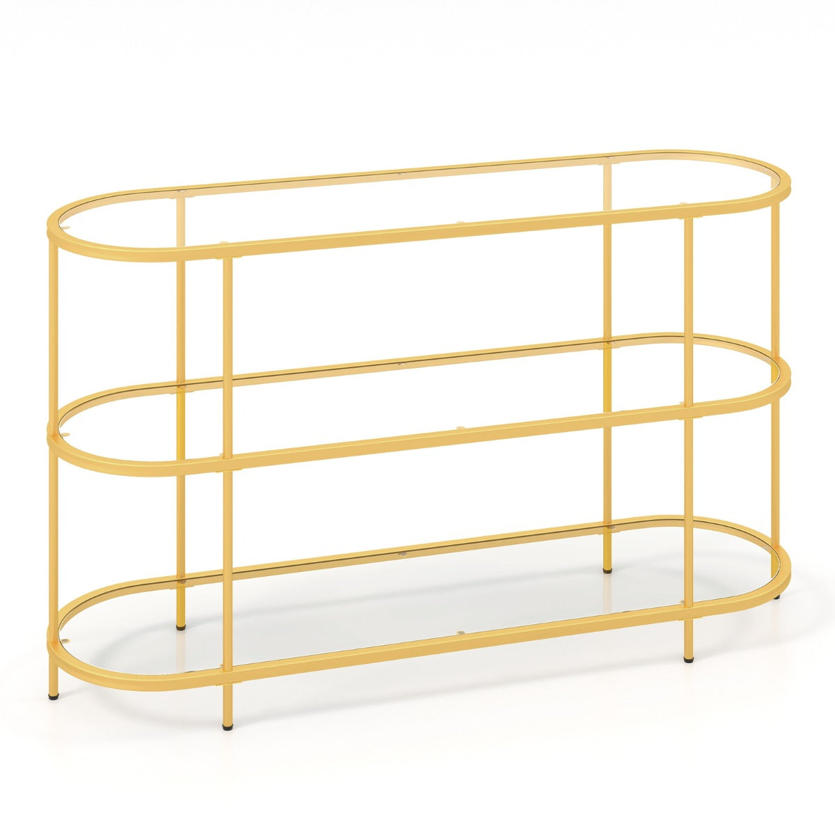LIVSK Mediaconsoletafel - Geschikt voor TV's tot 65 inch - 3 Opbergplanken - Sterk Metalen Frame - Goud