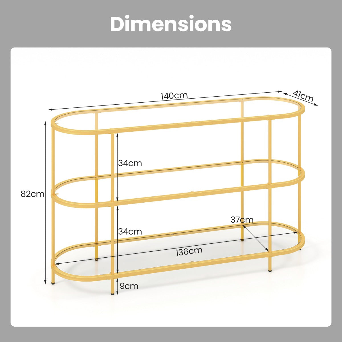 LIVSK Mediaconsoletafel - Geschikt voor TV's tot 65 inch - 3 Opbergplanken - Sterk Metalen Frame - Goud