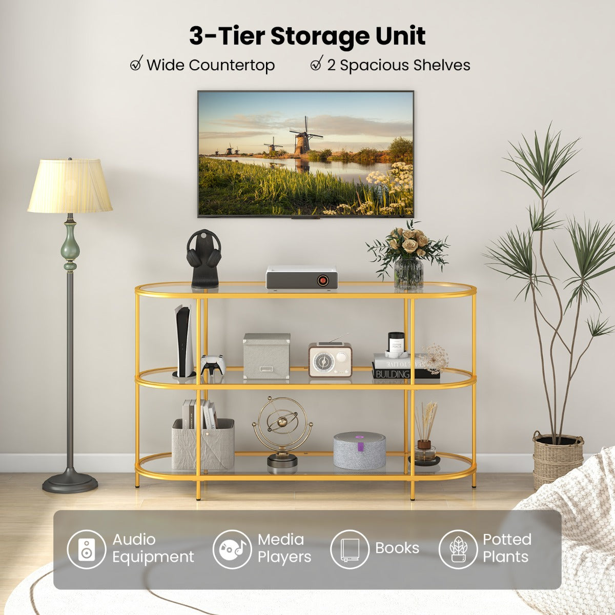 LIVSK Mediaconsoletafel - Geschikt voor TV's tot 65 inch - 3 Opbergplanken - Sterk Metalen Frame - Goud