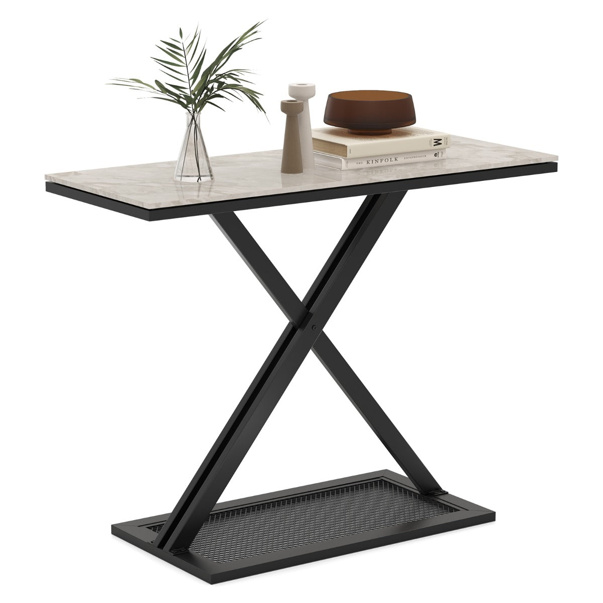 LIVSK Consoletafel - Imitatiemarmer Blad - Gepoeiercoat Metaal - 100 x 40 x 77,5 cm - Veiligheidsbeveiliging - Wit en Zwart