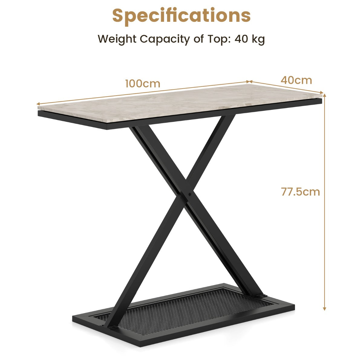 LIVSK Consoletafel - Imitatiemarmer Blad - Gepoeiercoat Metaal - 100 x 40 x 77,5 cm - Veiligheidsbeveiliging - Wit en Zwart