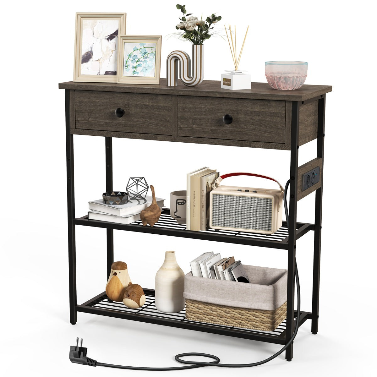 LIVSK Consoletafel met Laadstation - 2 Laden - Metalen Roosterplanken - Stekkerdoos met 2 USB - 81 x 30 x 81 cm - Grijs
