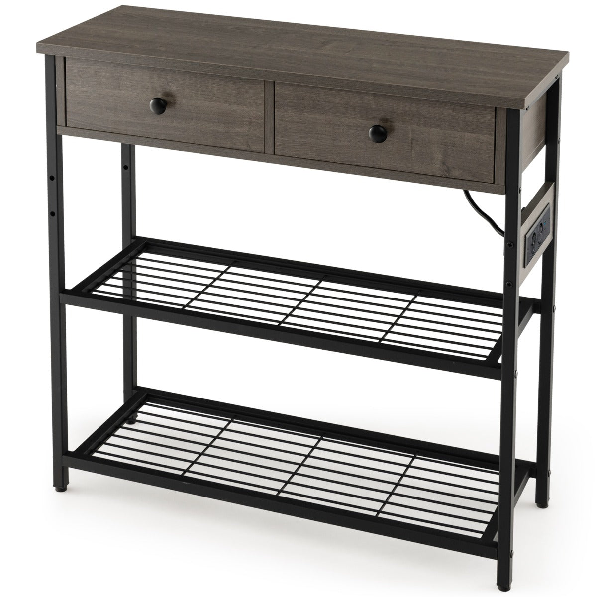 LIVSK Consoletafel met Laadstation - 2 Laden - Metalen Roosterplanken - Stekkerdoos met 2 USB - 81 x 30 x 81 cm - Grijs