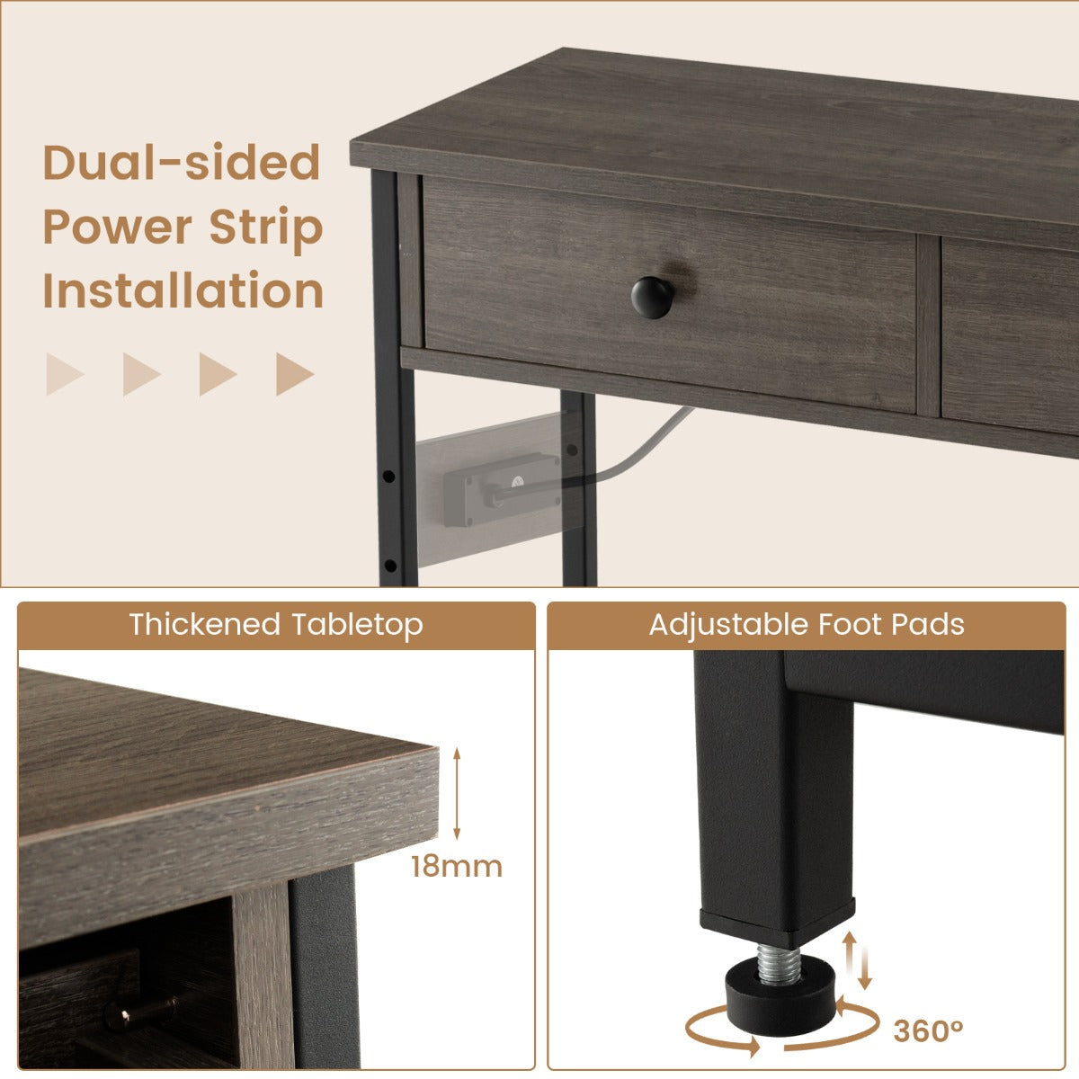 LIVSK Consoletafel met Laadstation - 2 Laden - Metalen Roosterplanken - Stekkerdoos met 2 USB - 81 x 30 x 81 cm - Grijs