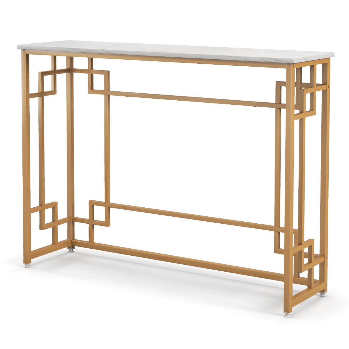 LIVSK Moderne Consoletafel - Imitatiemarmer Blad - Geometrisch Gouden Frame - Verstelbare Voetsteunen - Veiligheidsbeveiliging -