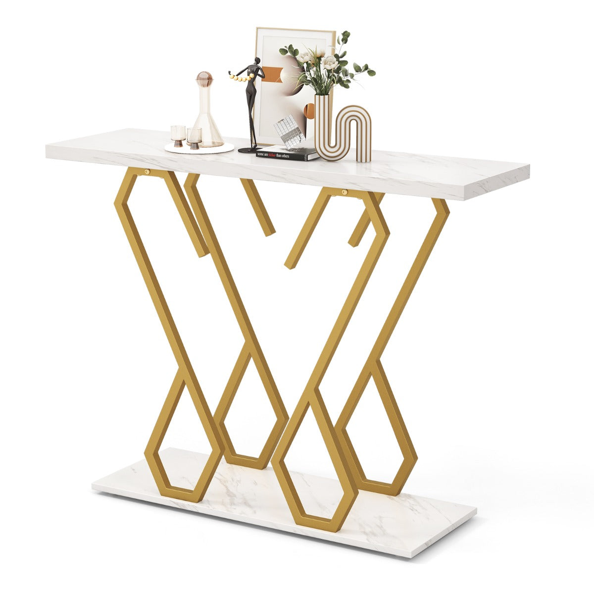 LIVSK Consoletafel met Imitatiemarmeren Blad - Stevig Metalen Onderstel - Draagvermogen tot 75 kg - Eenvoudig te Monteren - Wit &