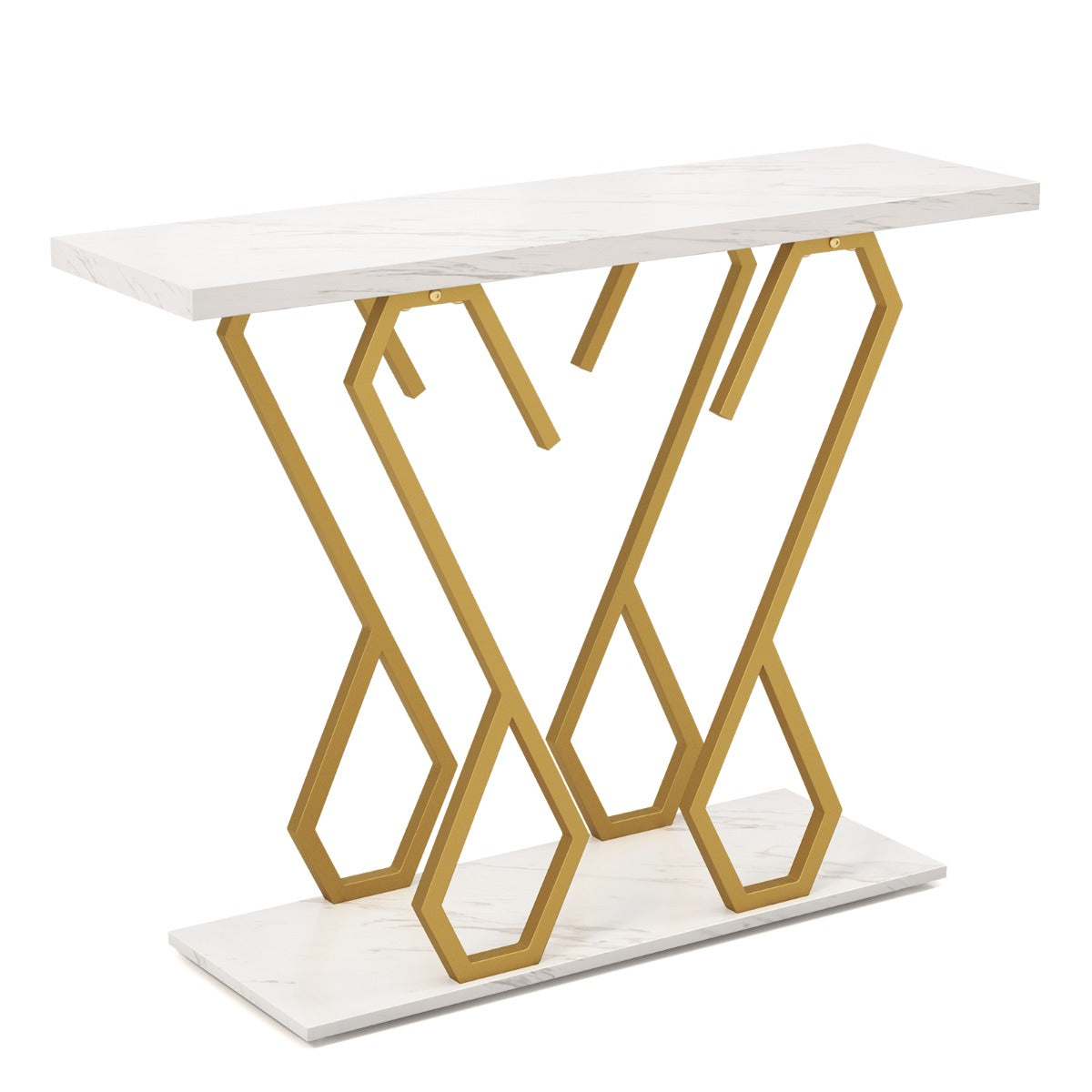 LIVSK Consoletafel met Imitatiemarmeren Blad - Stevig Metalen Onderstel - Draagvermogen tot 75 kg - Eenvoudig te Monteren - Wit &
