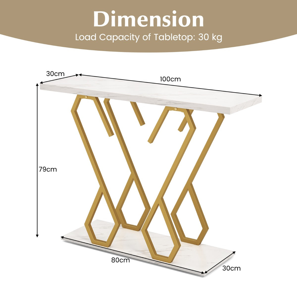 LIVSK Consoletafel met Imitatiemarmeren Blad - Stevig Metalen Onderstel - Draagvermogen tot 75 kg - Eenvoudig te Monteren - Wit &