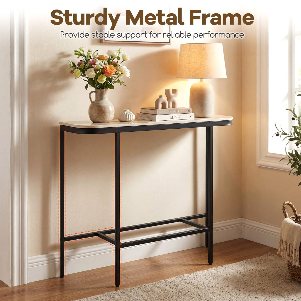Livsk costway consoletafel voor in de hal moderne bijzettafel voor naast de bank met een blad van kunstmarmer en een metalen frame grijs 6