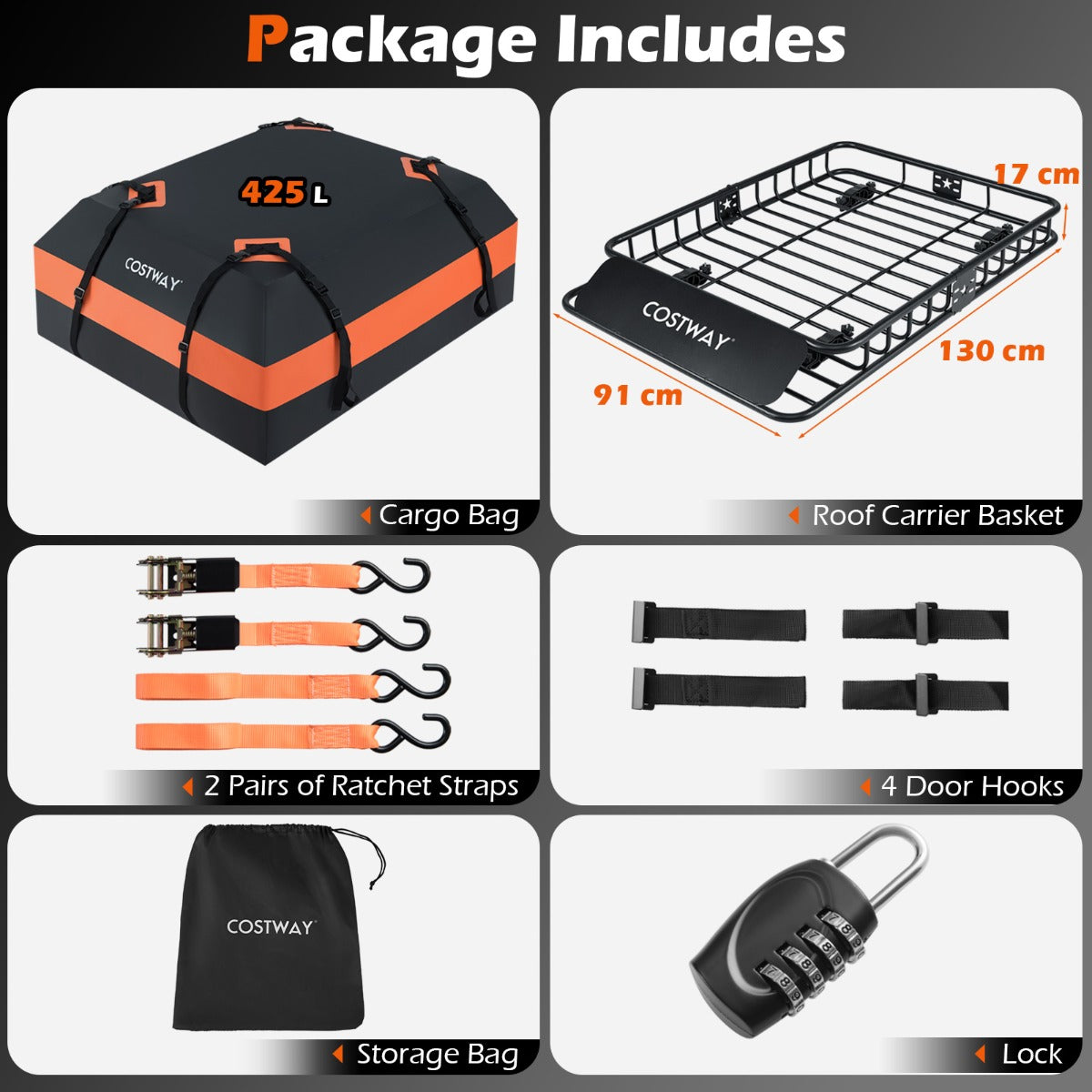 Livsk costway dakdrager zwaar transport 130 x 91 x 17 cm bagagekorf met 425 l waterdichte tas 1 1