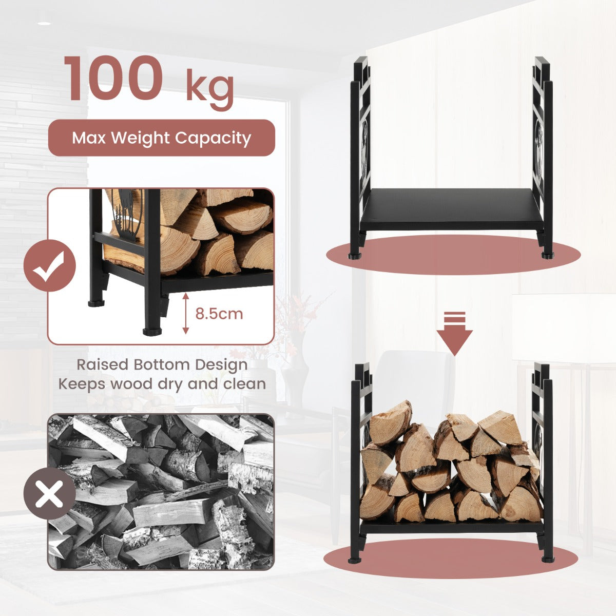 LIVSK Brandhoutrek - Robuust Metaal met Elandpatroon - Handgrepen - Eenvoudig te Monteren - 30 kg Capaciteit - Zwart