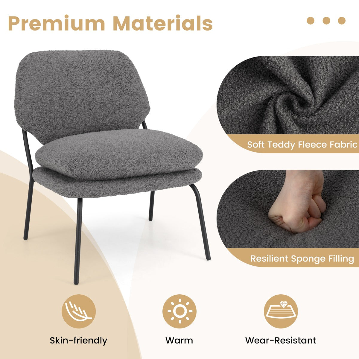 LIVSK Decoratieve Loungestoel van Fleecestof - Hoge Rugleuning - Schuimvulling - Stevig Metaal - Draagvermogen 145 kg - Grijs