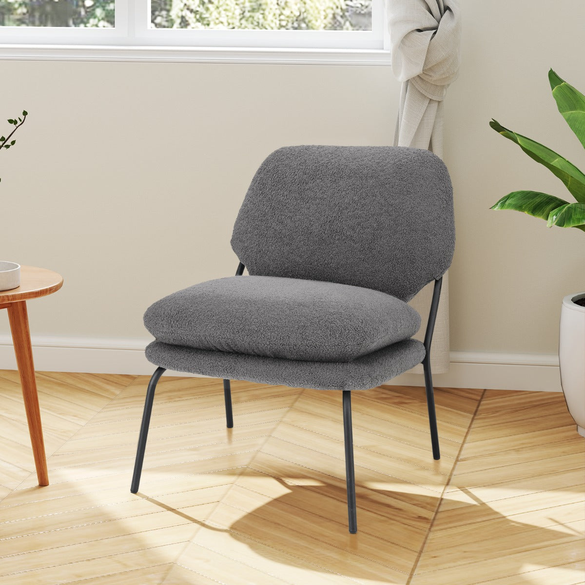 LIVSK Decoratieve Loungestoel van Fleecestof - Hoge Rugleuning - Schuimvulling - Stevig Metaal - Draagvermogen 145 kg - Grijs