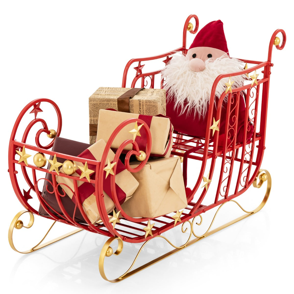 LIVSK Decoratieve Kerstslee met Gouden Sterren - Ruime Opbergruimte - Stevig Metaal - Eenvoudige Montage - 99 x 36 x 61 cm - Rood