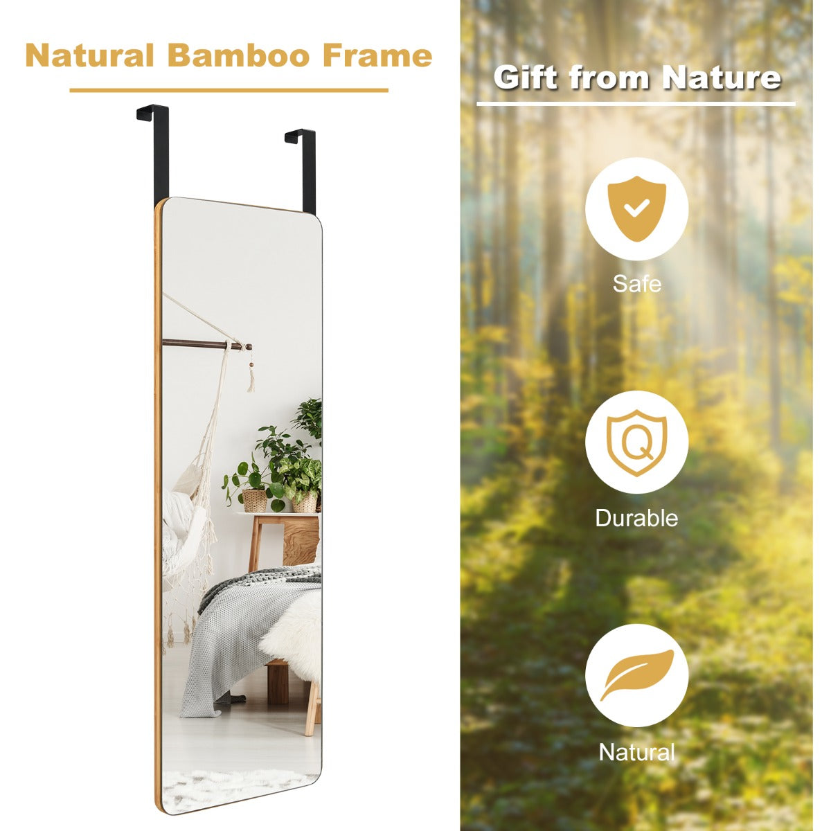 LIVSK Wandspiegel met Bamboeframe - Rechthoekig - 100 x 35 cm - Breukbestendig - Veilig en Ruimtebesparend - Natuurlijk