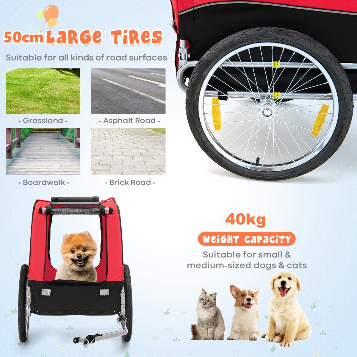 LIVSK Huisdierenfietskar - Ruim en Veilig - Draagvermogen 40 kg - Oxford Stof - Zonnedak en Reflectoren - Zwart/Rood