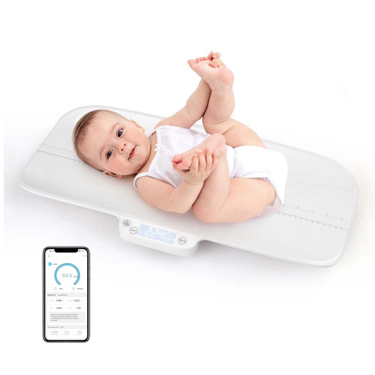 LIVSK Digitale Babyweegschaal - Nauwkeurig tot 30 kg - Hold & Tarrafunctie - Baby Fit App - 60 x 30 x 5 cm - Wit
