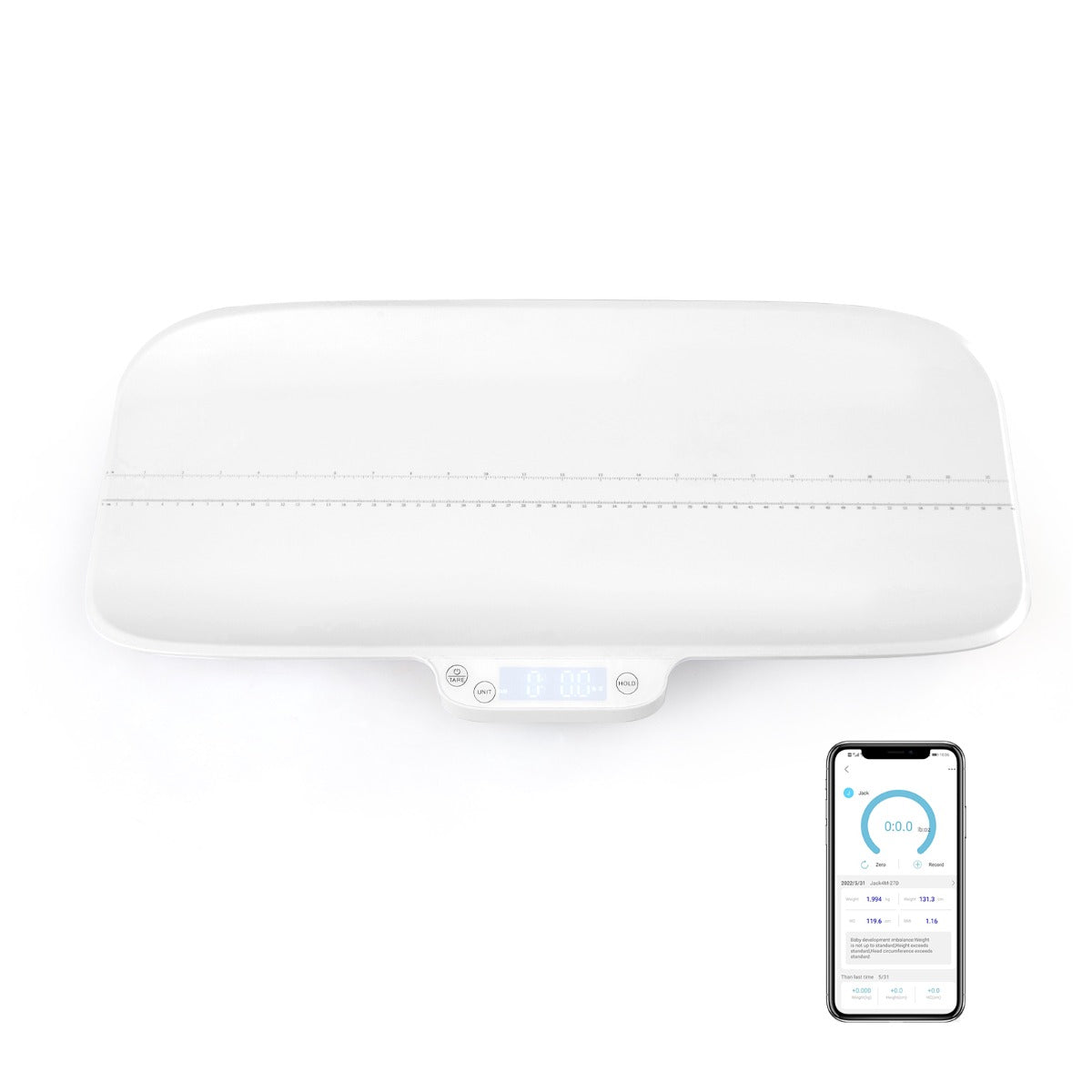 LIVSK Digitale Babyweegschaal - Nauwkeurig tot 30 kg - Hold & Tarrafunctie - Baby Fit App - 60 x 30 x 5 cm - Wit