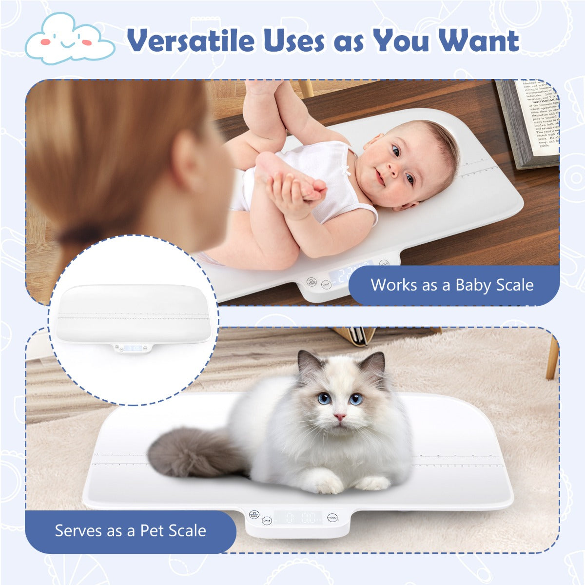 LIVSK Digitale Babyweegschaal - Nauwkeurig tot 30 kg - Hold & Tarrafunctie - Baby Fit App - 60 x 30 x 5 cm - Wit