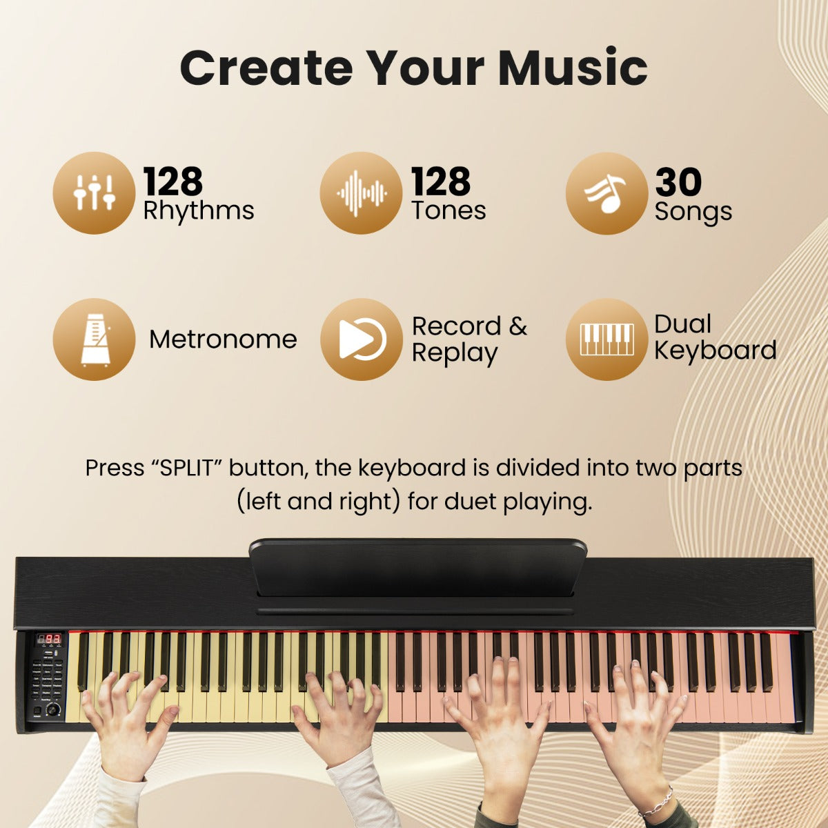 LIVSK Digitale Piano - 88 Gewogen Toetsen - 128 Ritmes en Tonen - Duetfunctie - USB-MIDI - Zwart