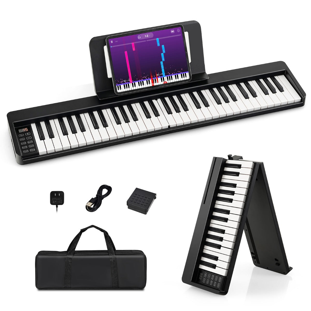 LIVSK Draagbare Digitale Piano - 61 Halfgewogen Toetsen - Bluetooth - Inclusief Pianotas en Pedaal - Lichtgewicht - Zwart