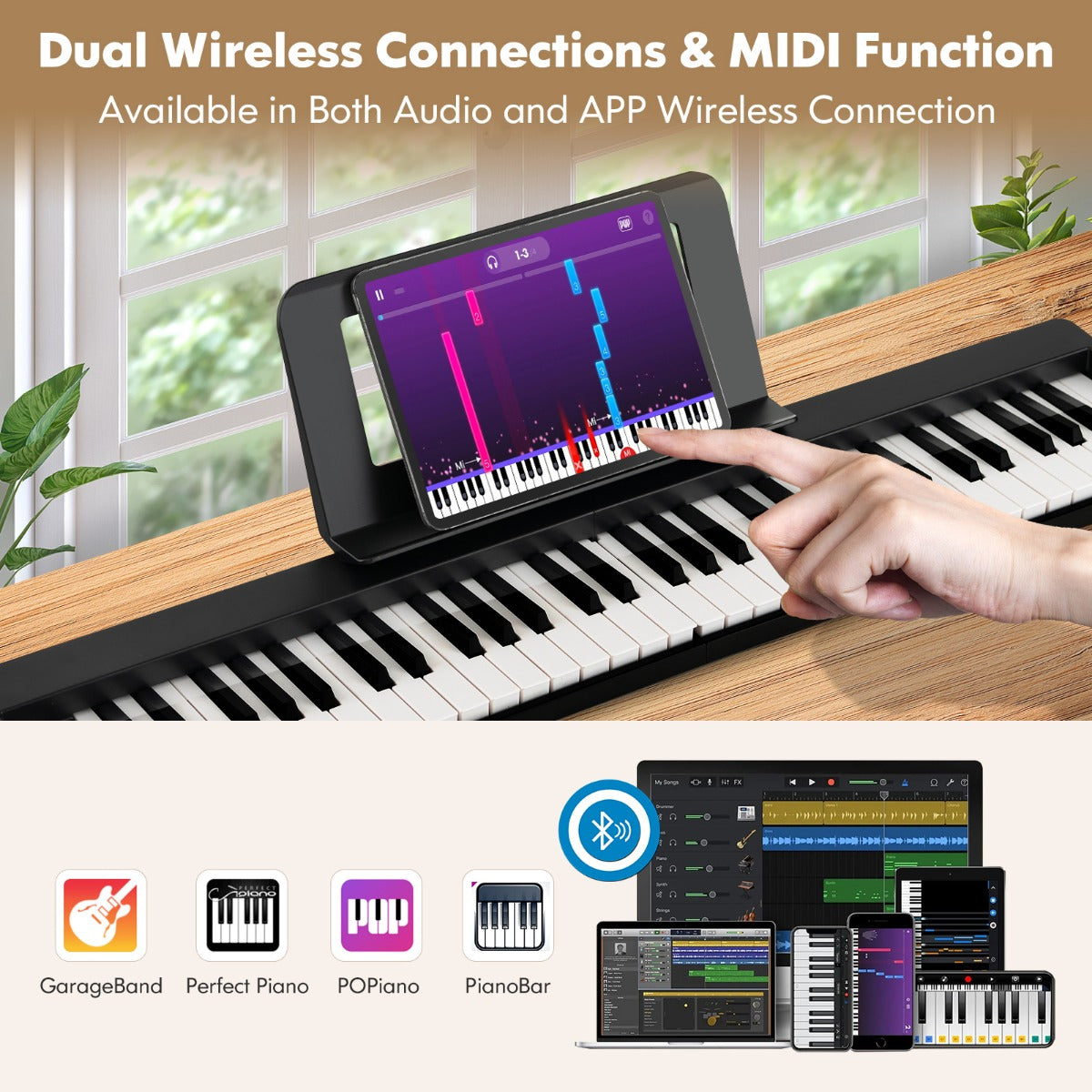 LIVSK Draagbare Digitale Piano - 61 Halfgewogen Toetsen - Bluetooth - Inclusief Pianotas en Pedaal - Lichtgewicht - Zwart